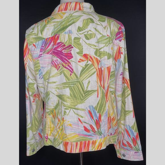 Chico's women button up jacket floral tropical Hawaii long sleeve linen blend 3 - Picture 2 of 11